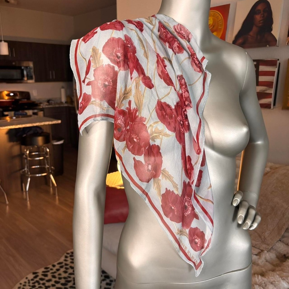 Anne Klein Red Floral Square Scarf | Sheer Vintage Neck Hair Scarf